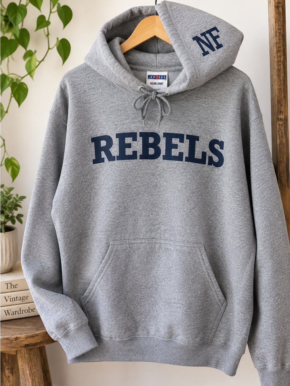 Vintage Jerzees Rebels NF Gray Pullover Hoodie Spellout Large 50/50 USA Style